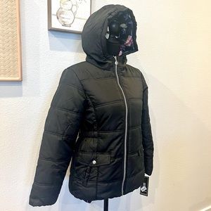 🆕 R1881 S. Rothschild Girls’ Black Coat Jacket W/ Fleece Floral Hood & Scarf